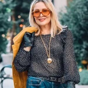 Cabi Sinatra Black and White Polka Dot Ruffle Sheer Long Sleeve Blouse